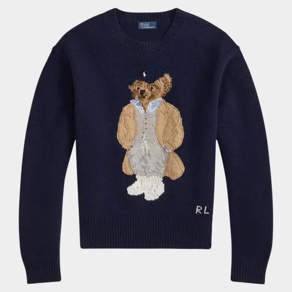 Polo Ralph Lauren Womens Polo Bear Wool Cashmere Crewneck Sweater Navy Blue RARE